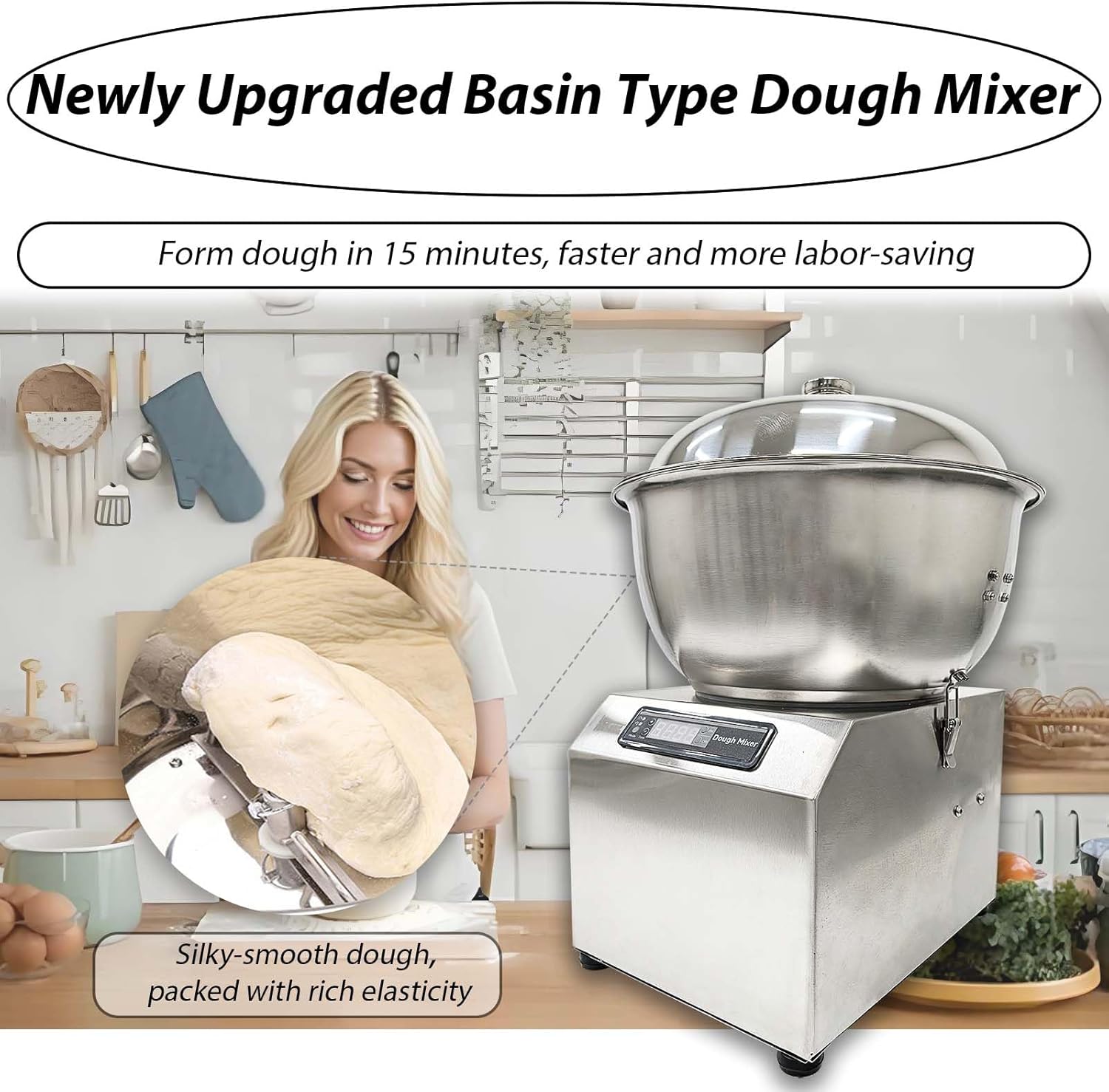 8KG/18LBS Detachable Basin Type Dough Mixer, Stainless Steel Dough Mixer Machine, Dual Rotating Kneading Machine for Flour Meat Pie Sauce Mixing Kneading
