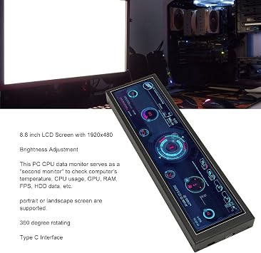 Dpofirs 8.8in USB Mini Screen, USB C PC Sensor Panel Display, PC CPU Data Monitor, PC Computer Temp Mini Secondary Screen for Desktop Chassis (Without Touch)