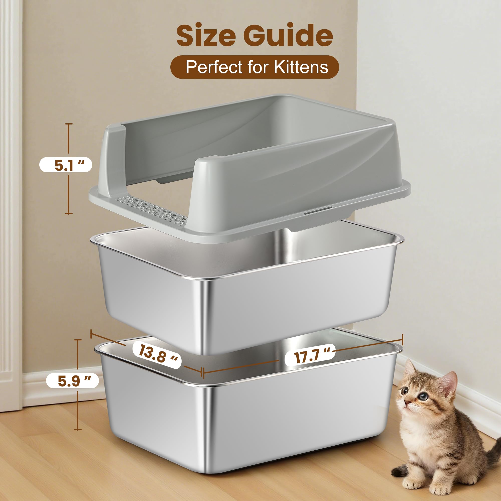 TIUUBT Stainless Steel Sifting Litter Box for Pine Pellets, Sifting Cat Litter Box with Sifter, High Side for Small Cats, Anti-Leakage, Odor Control, Includes Scooper, 17.7" x 13.8" x 11" - image 2