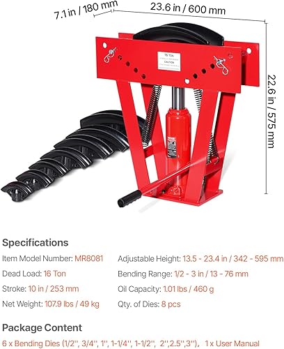 Miniatura 7 de VEVOR Dobladora de tubos hidráulicos, máquina dobladora manual de tubos de escape de cobre de 16 toneladas con 8 troqueles (12" - 3") y rodillos