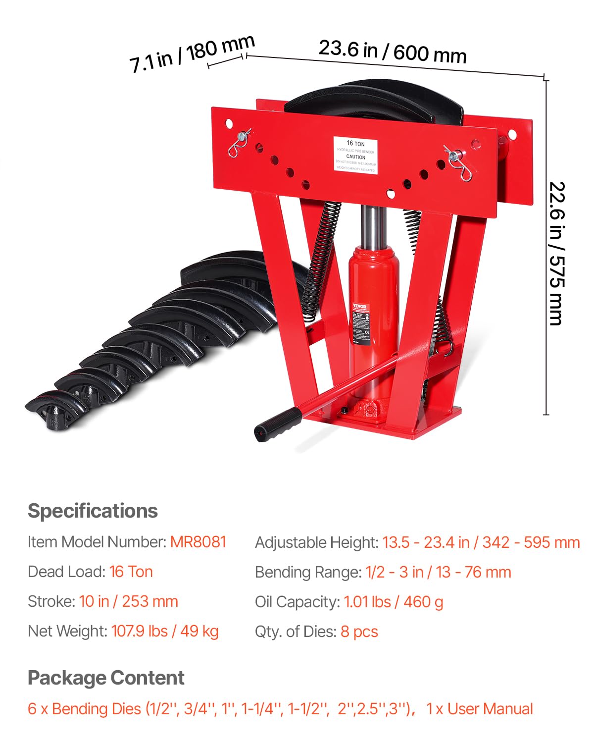 VEVOR Hydrauliczna giętarka do rur, 13-76 mm, giętarka do rur miedzianych, obciążenie 16 ton z 8 matrycami, regulowane narzędzie do gięcia wałków 90-180°, do zginania różnych rodzajów metali