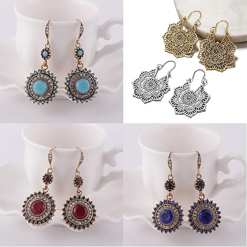 Miniatura 5 de 8 pares de aretes colgantes de loto bohemio para mujer joyería vintage turquesa occidental aretes colgantes bohemios joyería nativa americana