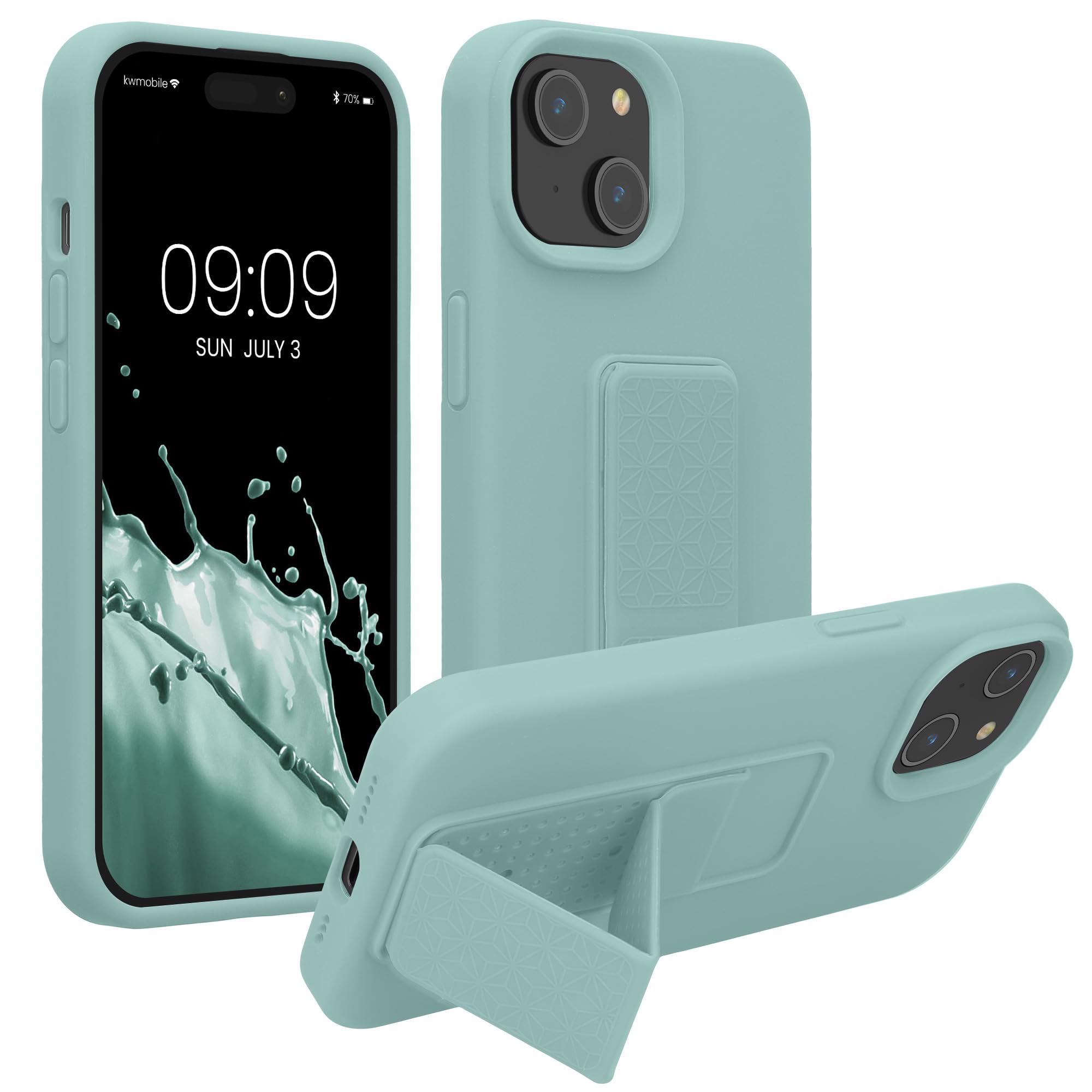 kwmobile Case Compatible with iPhone 15 - Case with Hand Strap and Stand Soft TPU Silicone Coating - Mint