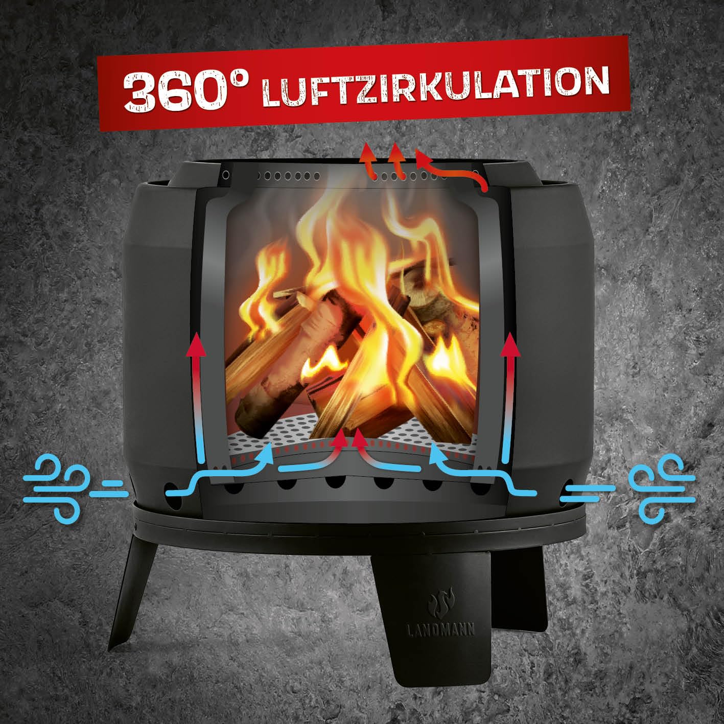 LANDMANN rauchfreier Feuerkorb, klein | 360° Luftzirkulation | Besonderes Flammenspiel | Pulverbeschichteter Stahl | Ideal für gemütliche Abende | Inkl. Schürhaken [52,5 x 51,5 x 57 cm - 14,8 kg]