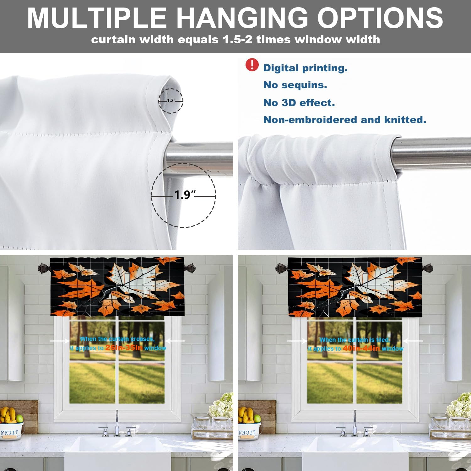 Batmerry Autumn White Maple Leaves Valance Curtains, On Black Grid Window Treatment Kitchen Valances Multilayer Polyester Blackout for Living Room/Bathroom, 2 Pack 52x18 inches