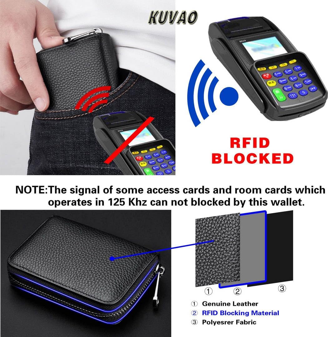 RFID Blocking, Leather Credit Card Holder Zipper Wallet With 20 Card Slots, Small Card Case for Women or Men Accordion Wallet with Zipper (Blue)