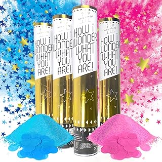 Sweet Baby Co. Baby Gender Reveal Confetti Cannon with Color Powder Boy or Girl Blue Confetti Smoke and Pink Confetti Smoke, Set of 4 | Twinkle Twinkle Little Star Party Poppers | Holi Popper Sticks