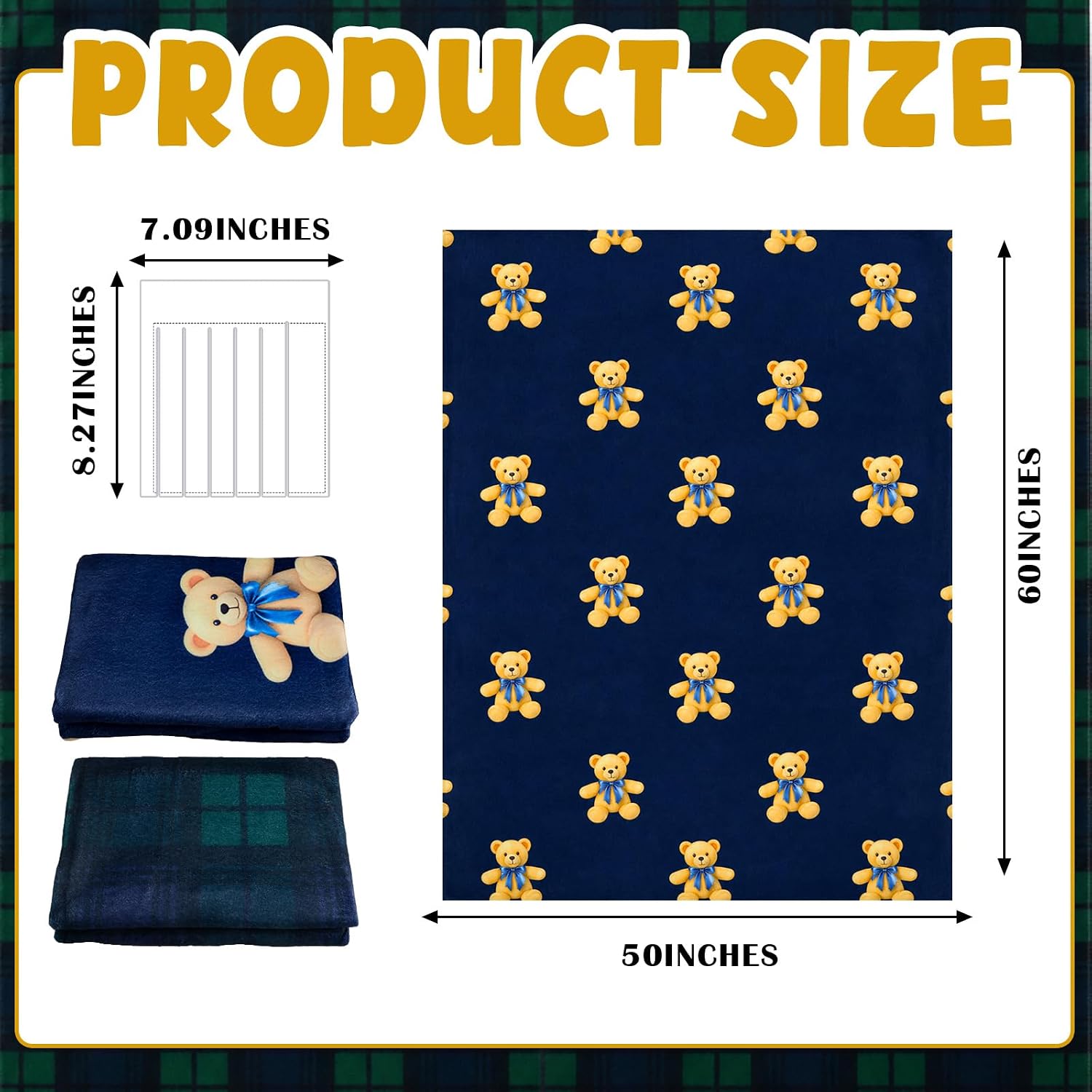 HunnmingRe 3 Pcs No Sew Blanket Kit,Bear and Plaid,Green