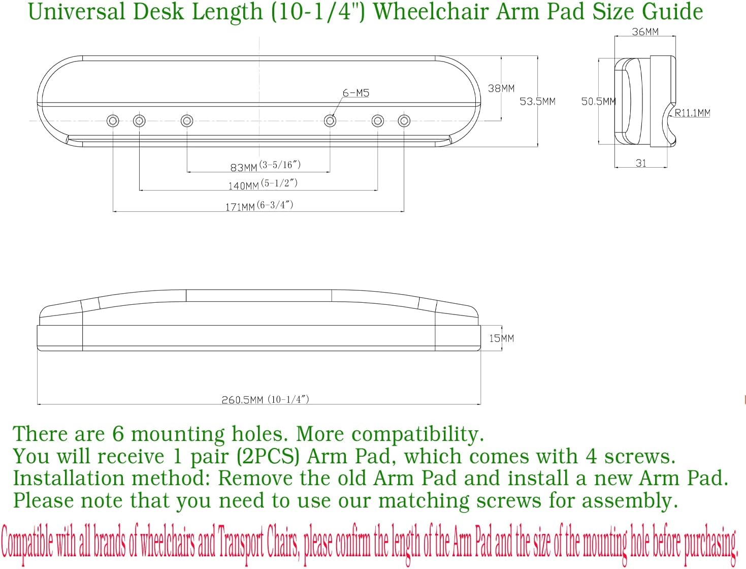 Universal Desk Arm Pad,Universal Desk Length (10-1/4") Wheelchair and Transport Chair Arm Pads w/Hardware, Replacement Vinyl Arm Pad Parts, Compatible with All Brands,(1Pair,Black)