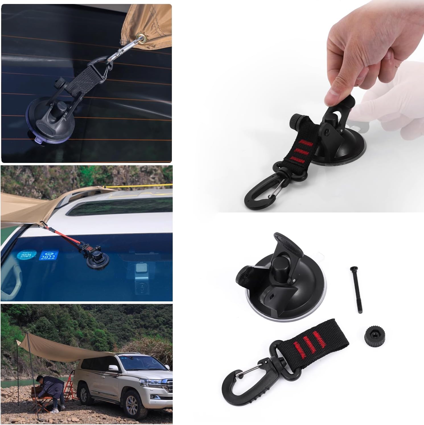 2 Pack Suction Cup Hooks Anchor Heavy Duty Camping Tie Down Hook Buckle for RV Car Tent Awning Tarp Canopy Mount to Glass Roof Door Window Outdoor Camper