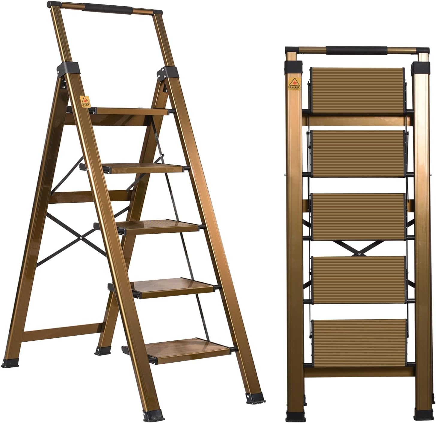 5 Step Ladder, Aluminum 5 Step Stool with Retractable Handrail and Anti-Slip Wide Pedal, Folding Stool Ladders 5 Steps, 330lbs Safety Household Slim Ladder
