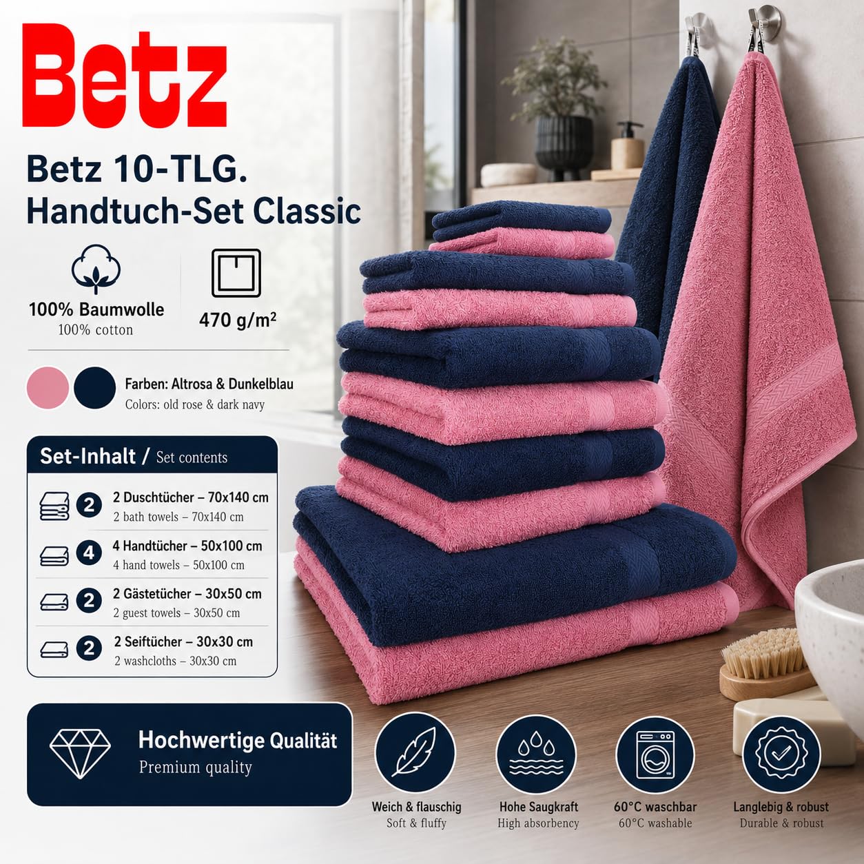 Betz 10-częściowy zestaw ręczników Classic 100% bawełna 2 ręczniki kąpielowe 4 ręczniki do rąk 2 ręczniki dla gości 2 ręczniki do rąk kolor ciemnoniebieski i brudny róż
