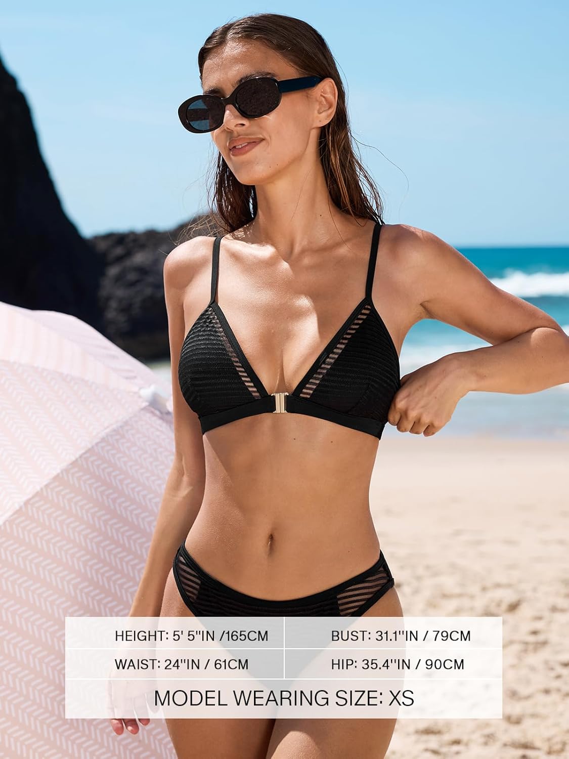 CUPSHE Women's Bikini Set Two Piece Swimsuit V Neck Mesh Panel Sexy Bathing Suit Back Hook High Leg Textured