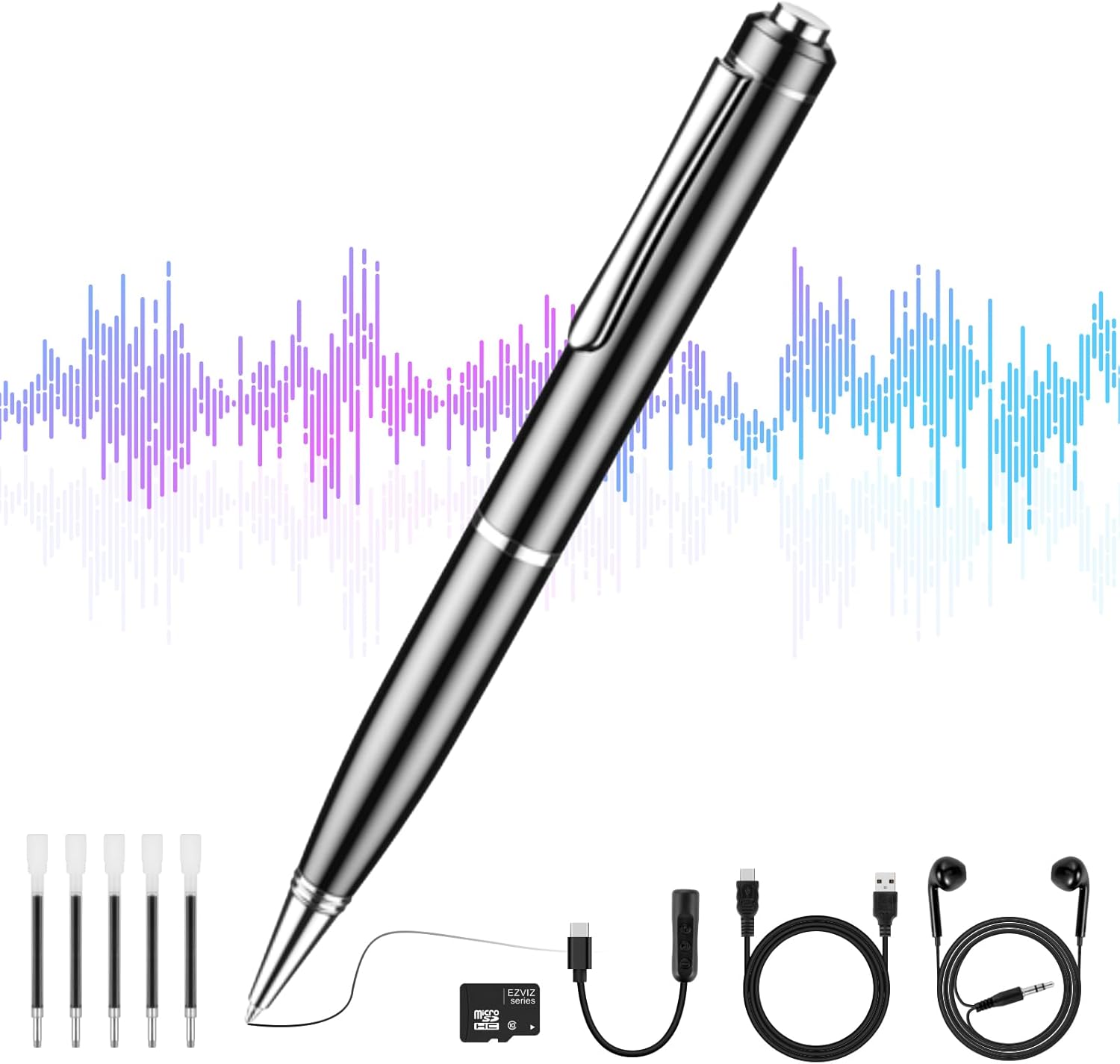 Grabadora de Voz, 64GB Pluma de Grabación Portátil, Reproductor MP3, Micrófono con Cancelación de Ruido, Grabadora Digital Inteligente para Reuniones, Entrevistas, Ampliable 128GB, Capaz de Escribir…