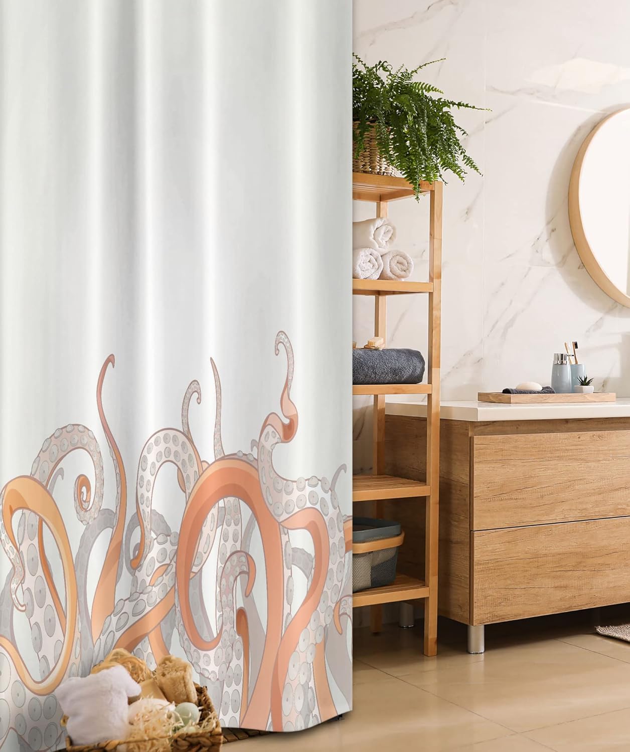 Ambesonne Octopus Stall Shower Curtain, Animal Tentacles Background Underwater Marine Nature and Sea Creatures Nautical, Fabric Bathroom Decor Set with Hooks, 36" W x 72" L, Orange Grey