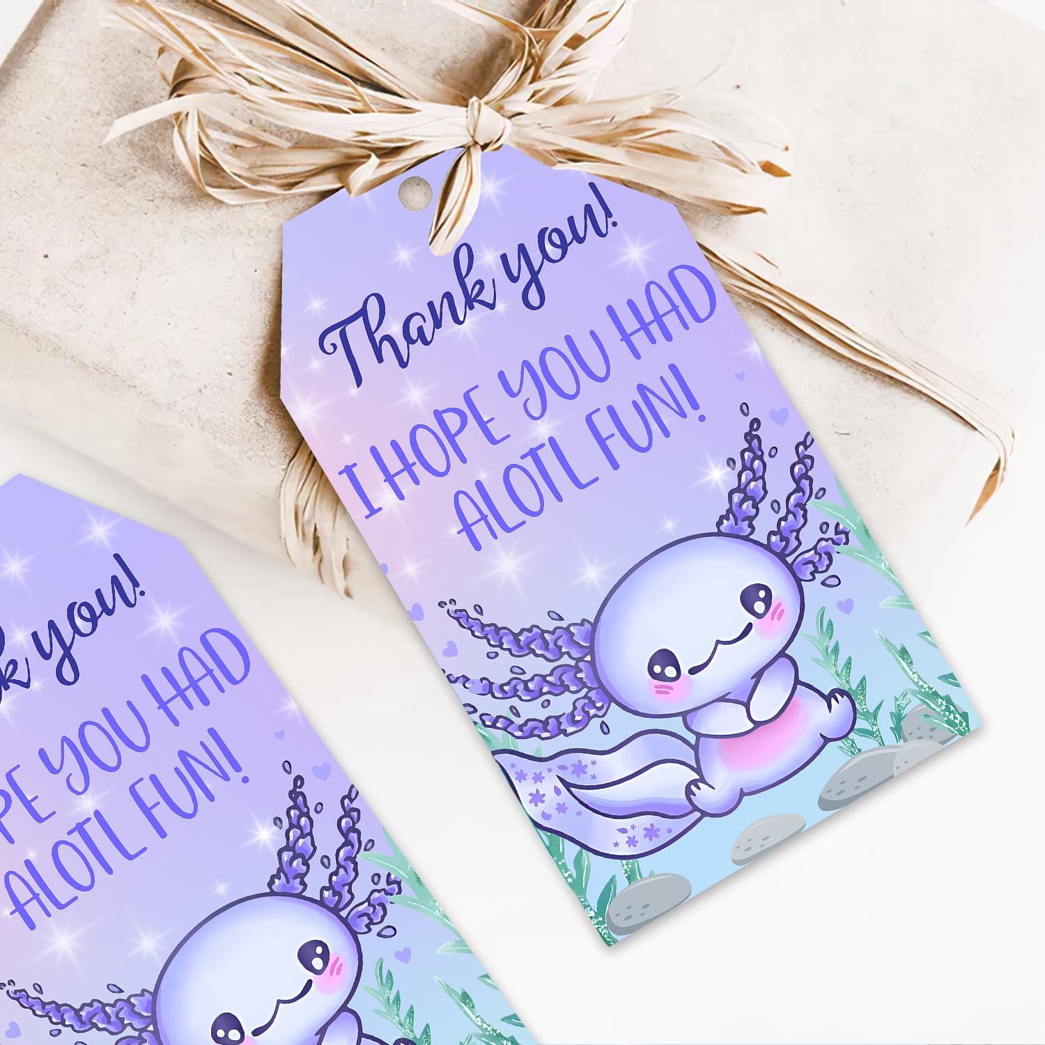 50Pcs Axolotl Favor Tags Purple Gift Wrapping Tags, Thank You ! I Hope You Had Alotl Fun! Purple Axolotl Theme Birthday Party Baby Shower Party Decorations for Adults Kids Axolotl Party image 5