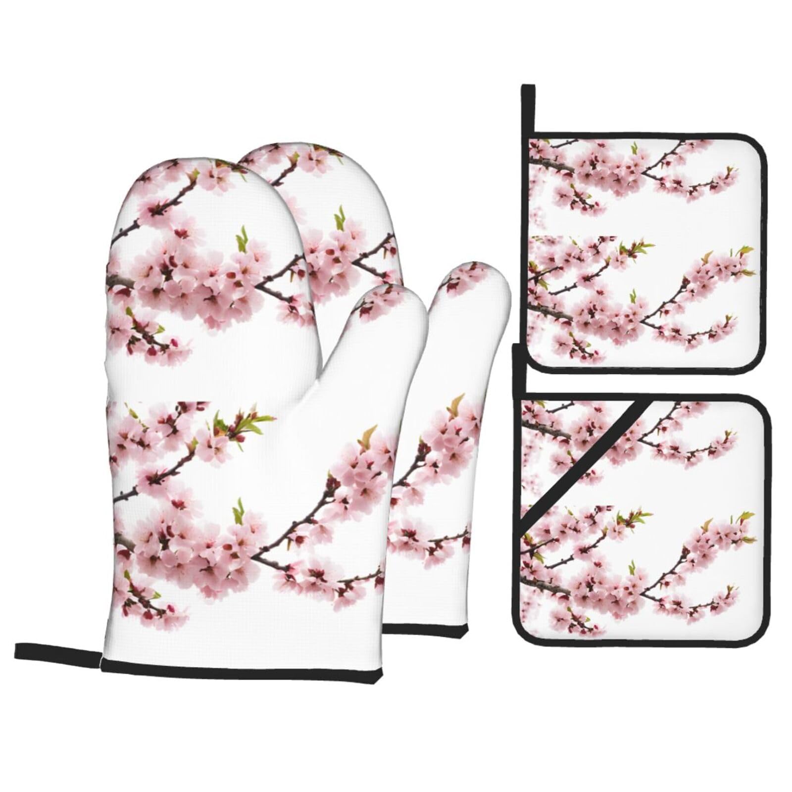 BNCPWDYL Cherry Blossoms Tree Kitchen Oven Gloves and Hotpads Sets of 4, Heat Resistant Oven Mitts and Pot Holders for Baking/Cooking/BBQ