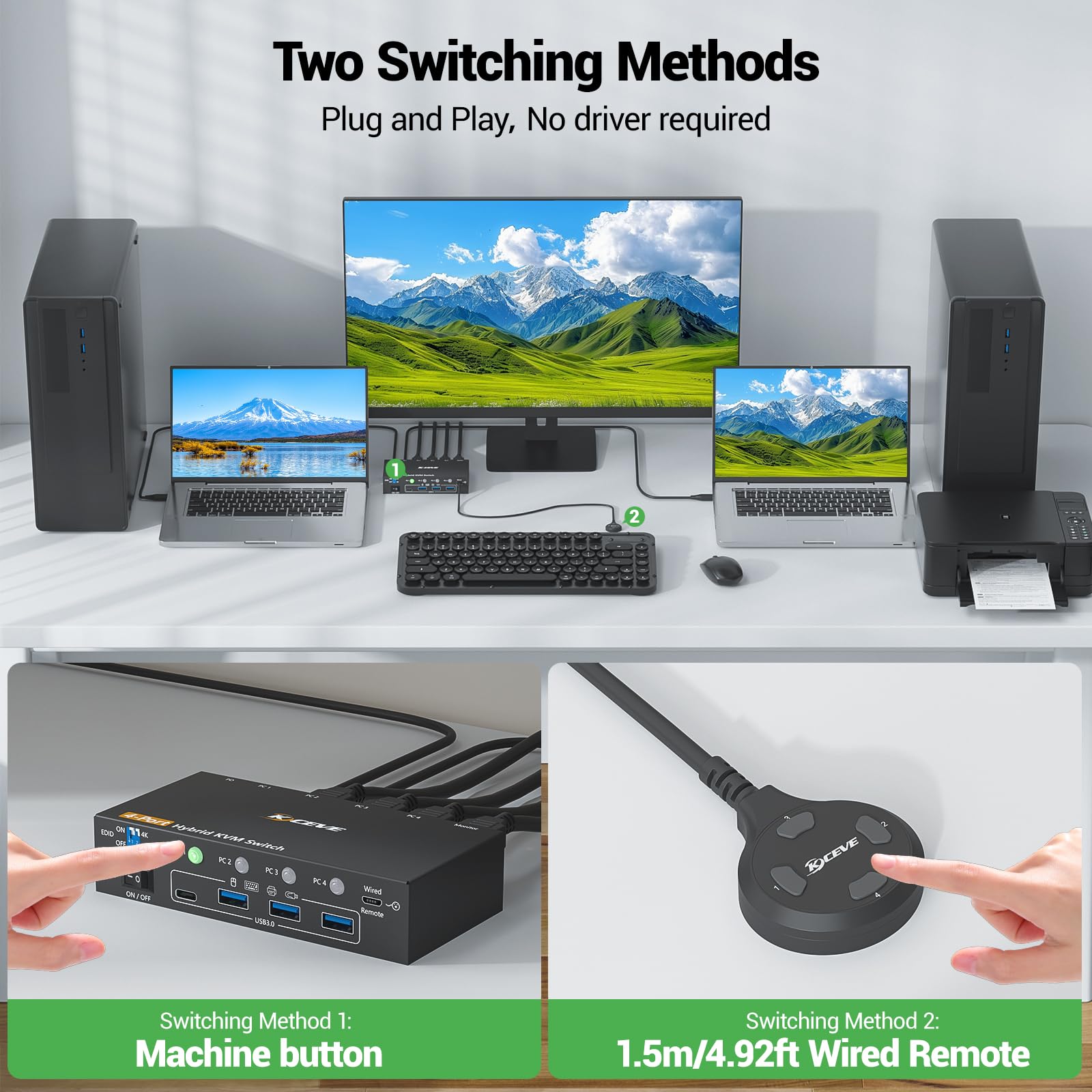 Conmutador KVM 4K 4 puertos USB-C HDMI DP EDID USB 3.0 60Hz para 4 computadoras teclado mouse 1 monitor HDMI