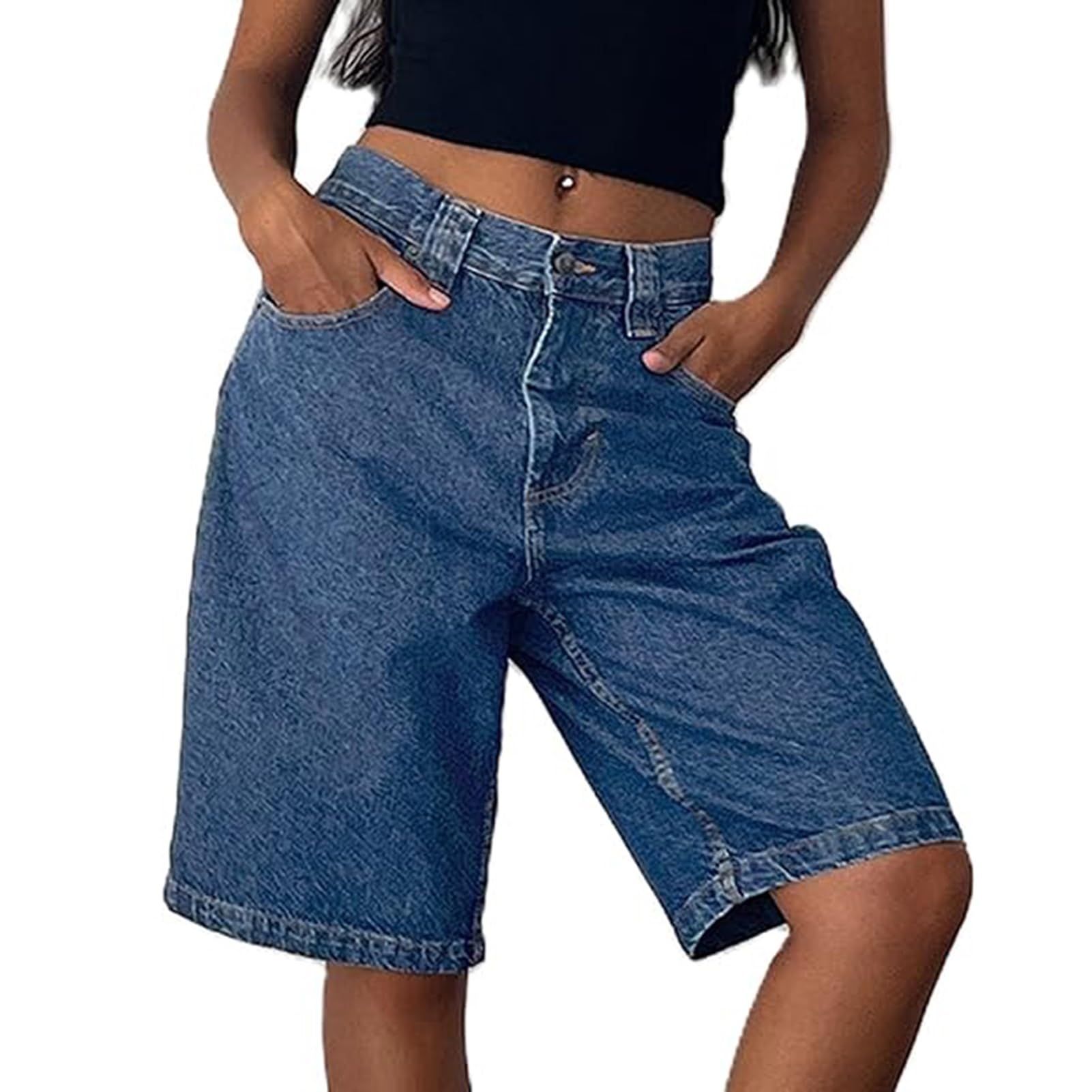 FYHTC Bermudas Vaqueras Y2k para Mujer, Pantalones Cortos Vaqueros Largos de Tiro Bajo y Pierna Ancha hasta La Rodilla, Pantalones Cortos Holgados de Verano para Mujer
