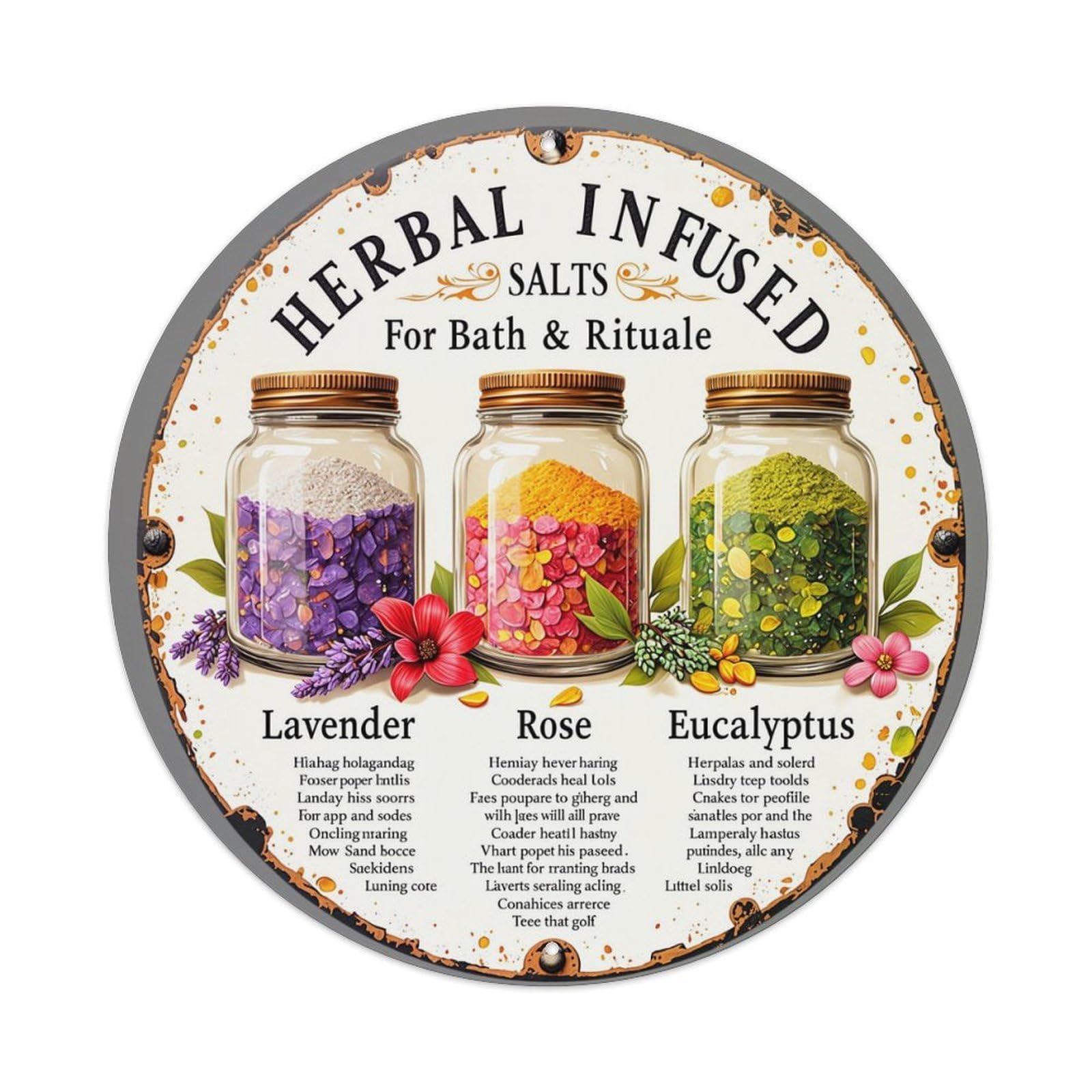 Jdyaojiesheng Vintage Herbal Salts Infused Bath Rituals Round Tin Sign Retro Metal Wall Decor Metal Poster, Home Bar Garage Farmhouse Cafe Wall Art Decoration 8X8inch