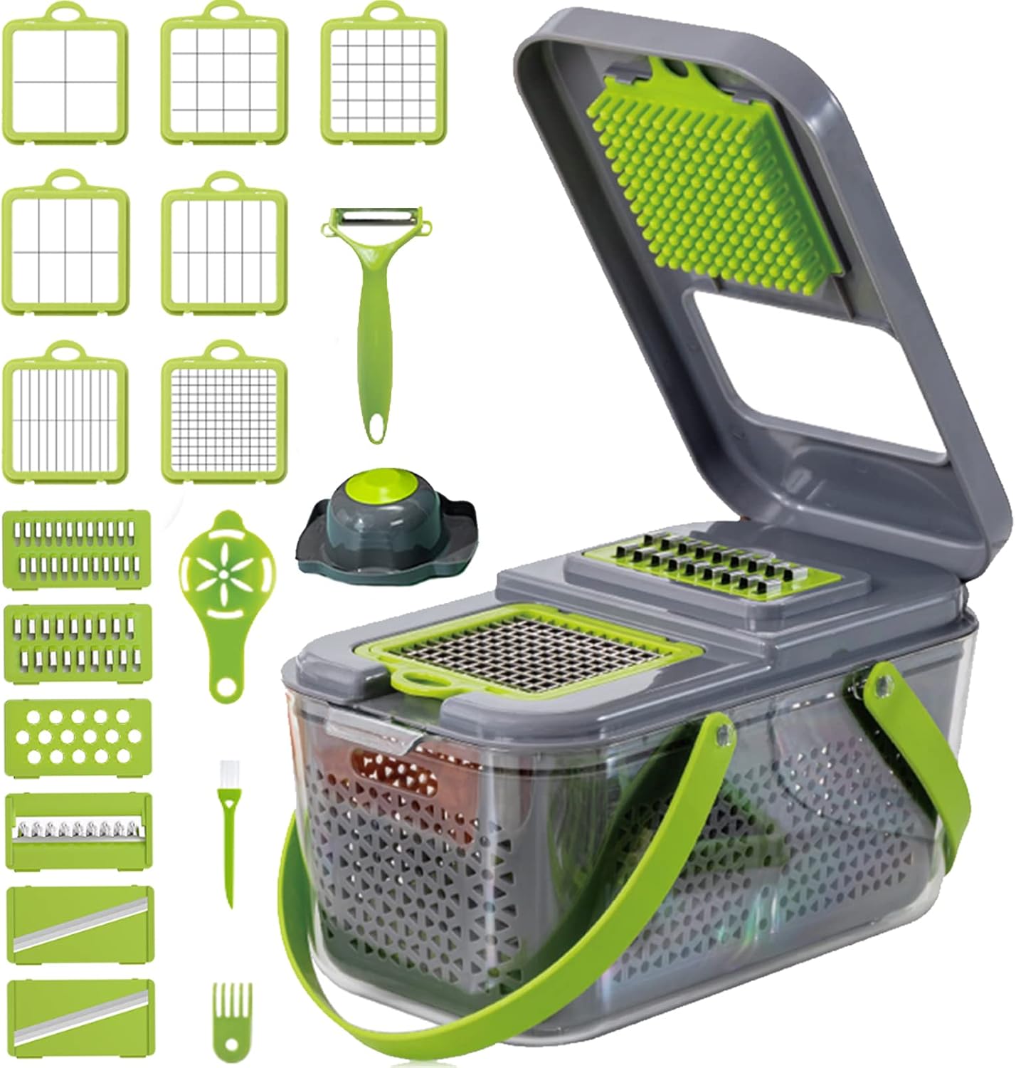 Vegetable Chopper – 22 in 1 Pro Onion Food Chopper Slicer – Professional Mulitifunctional Adjustable Food Mandolin Cutter with Colander Basket and Container