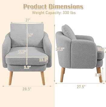 KOMFOTT Sherpa Accent Chair Set of 2, Upholstered Armchair with Seat Cushion, Lumbar Pillow & Rubber Wood Legs, Modern Single Sofa Chair Reading Chair for Living Room, Bedroom, Small Spaces, Grey