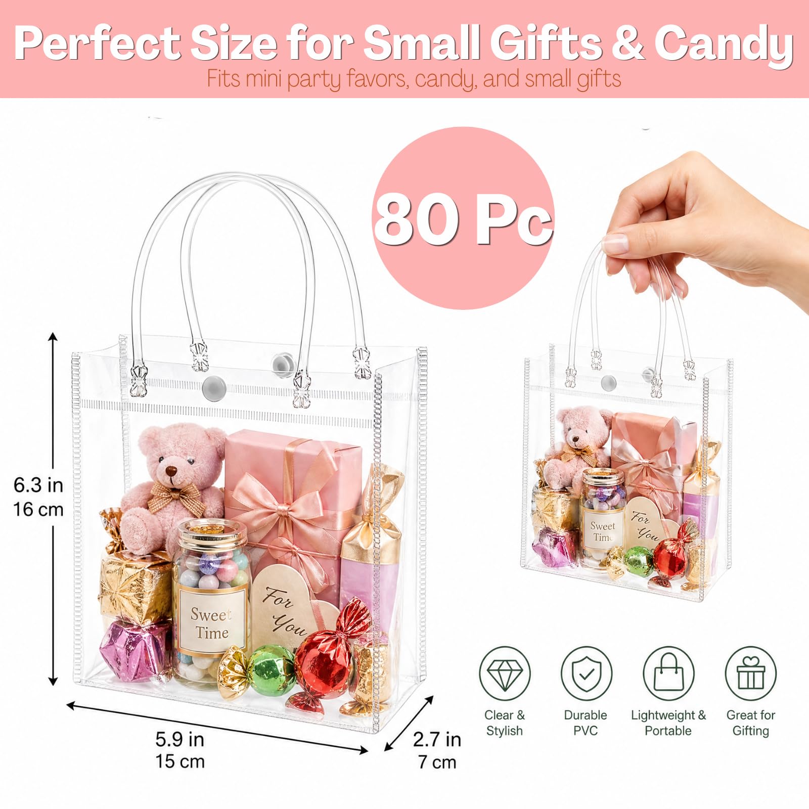 ZENFUN 80 Pack Clear PVC Gift Bags with Handles, Small Reusable Plastic Party Favor Bags, Transparent Goodie Bags Bulk for Wedding, Baby Shower, Birthday, Shopping Retail (6.3 x 5.9 x 2.7 Inch)