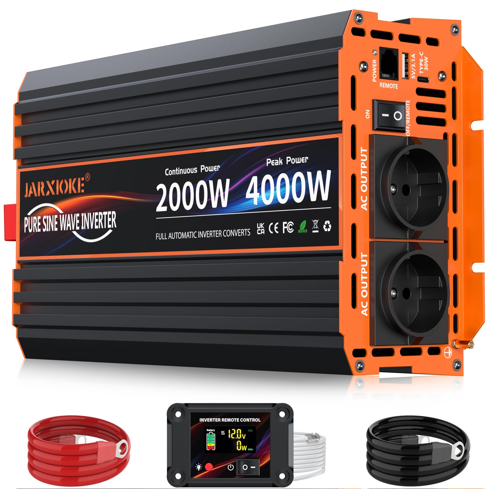 Inverter 12v 220v Onda Pura 2000W Invertitore di Potenza Convertitore di Alimentazione con LCD Telecomandoler & prese AC Doppie & USB-A &Porta di Tipo-C per Car Camper