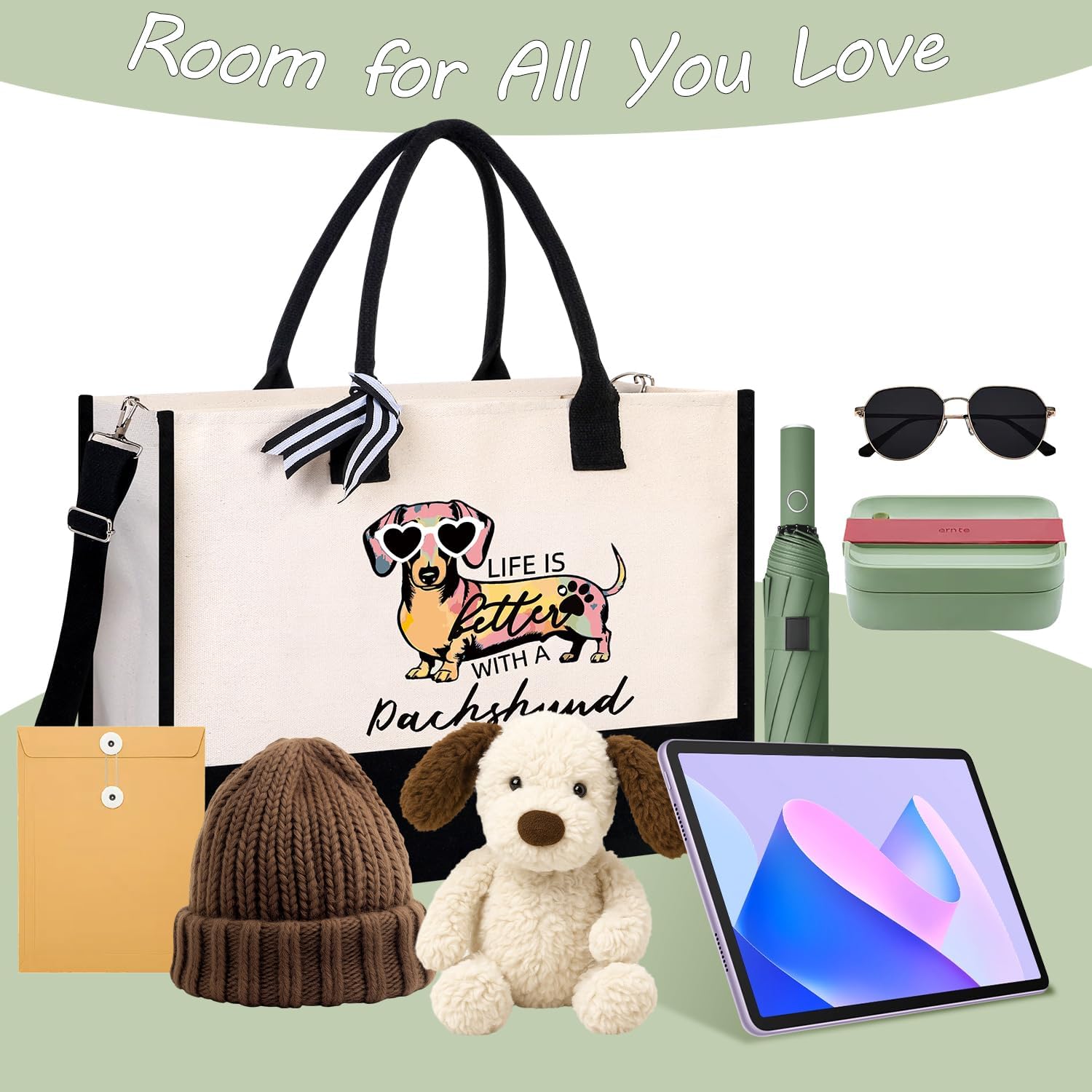 Dachshund Gifts for Women, Weiner Dog Canvas Tote Bag with Zipper for Dachshund Lovers Travel, Shopping, Beach – Perfect Weenie Dog Gifts for Mother's Day, Christmas, Birthday