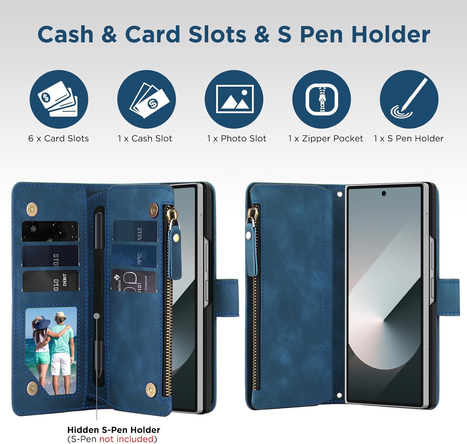 for Samsung Galaxy-Z-Fold-6 Wallet Case: with RFID Blocking Card Slots (6 Cards) & Hidden S Pen Holder | Soft PU Leather Magnetic Snap Zipper Wrist Strap Protective Phone Cover - Blue
