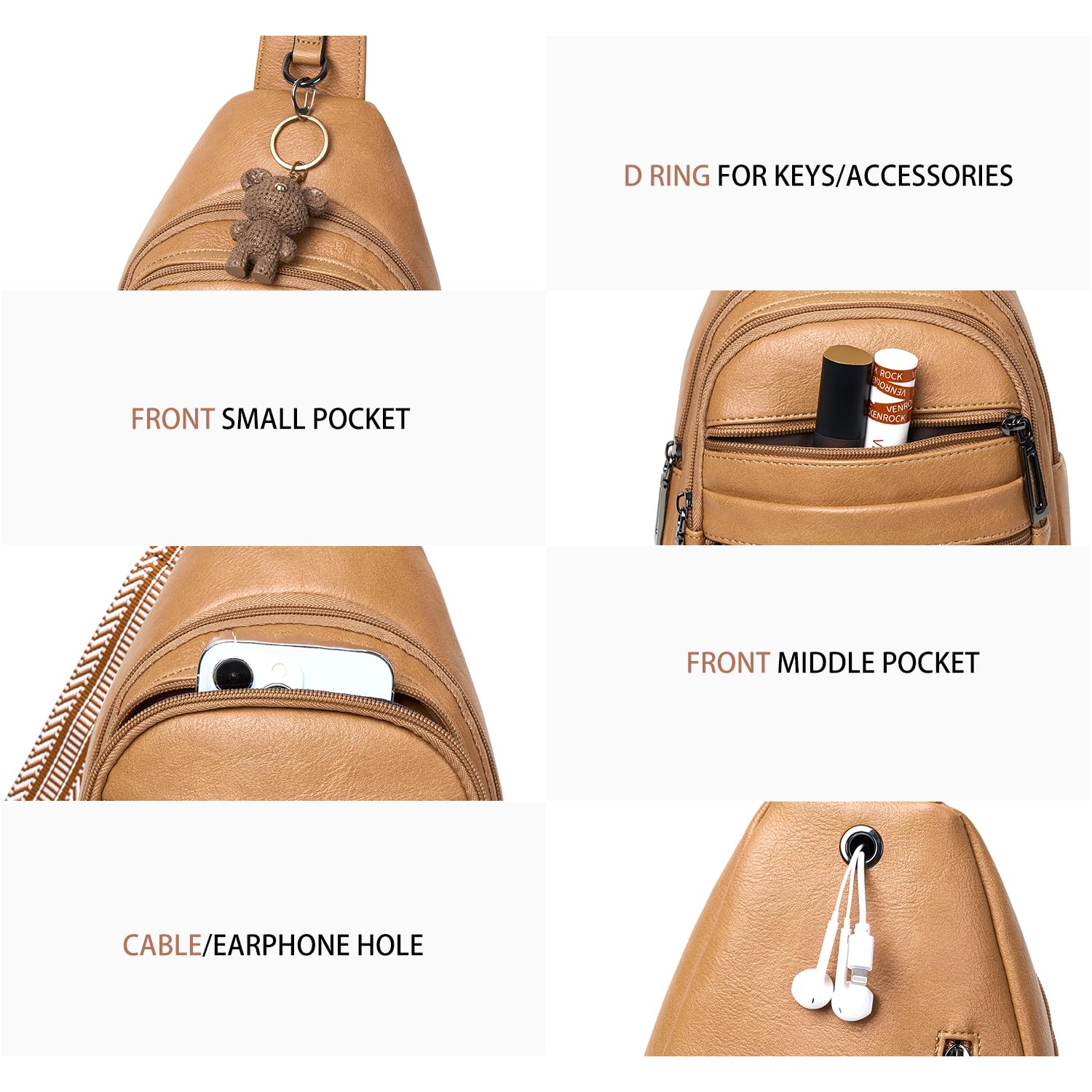 Leresas Bolsa bandolera de 7 L para mujeres y hombres, 4 bolsillos con cremallera, bolsa cruzada de moda, riñonera, mochila de cuero vegano para viajes