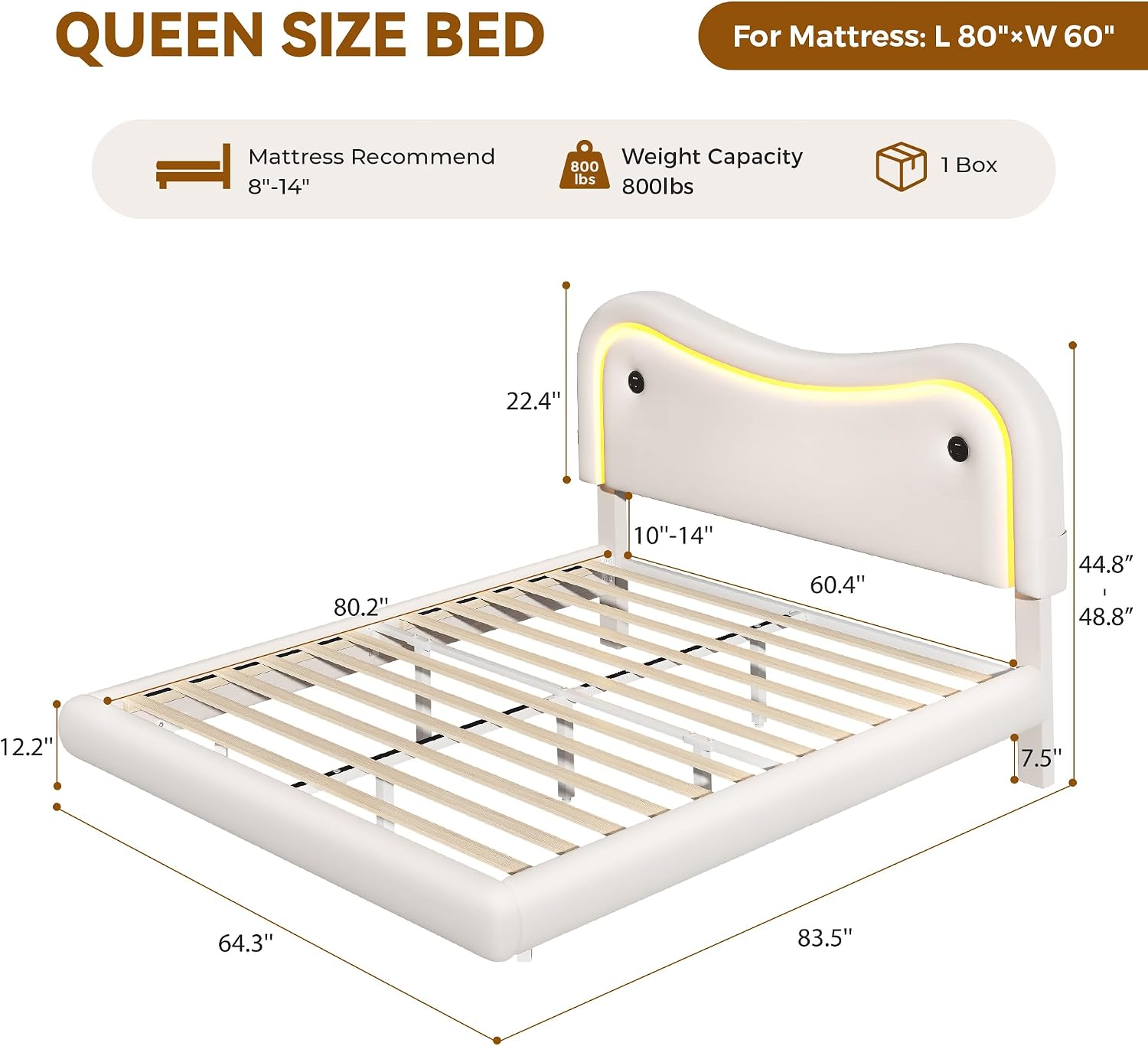 MapleGrace Floating Bed Frame with LED Lights, Queen Size Velvet Upholstered Bed Frames with Charging Station and Adjustable Headboard, No Box Spring Needed, Easy Assembly, White