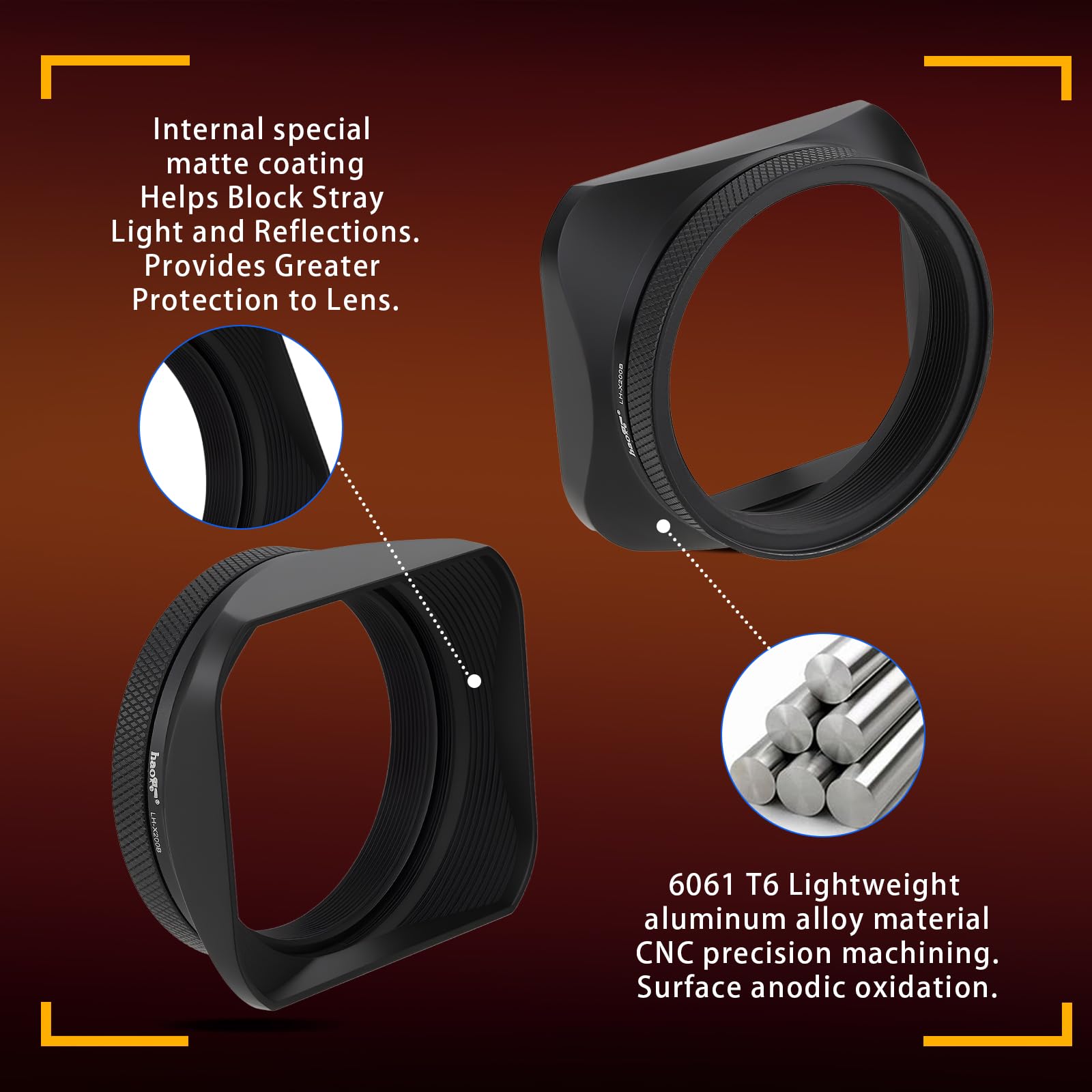 Haoge LH-X200B Pare-soleil carré en métal avec bague d'adaptation 49 mm et capuchon en métal pour Fujifilm Fuji x100vi X100V X100F X100T X100S X70 Accessoires photo Noir