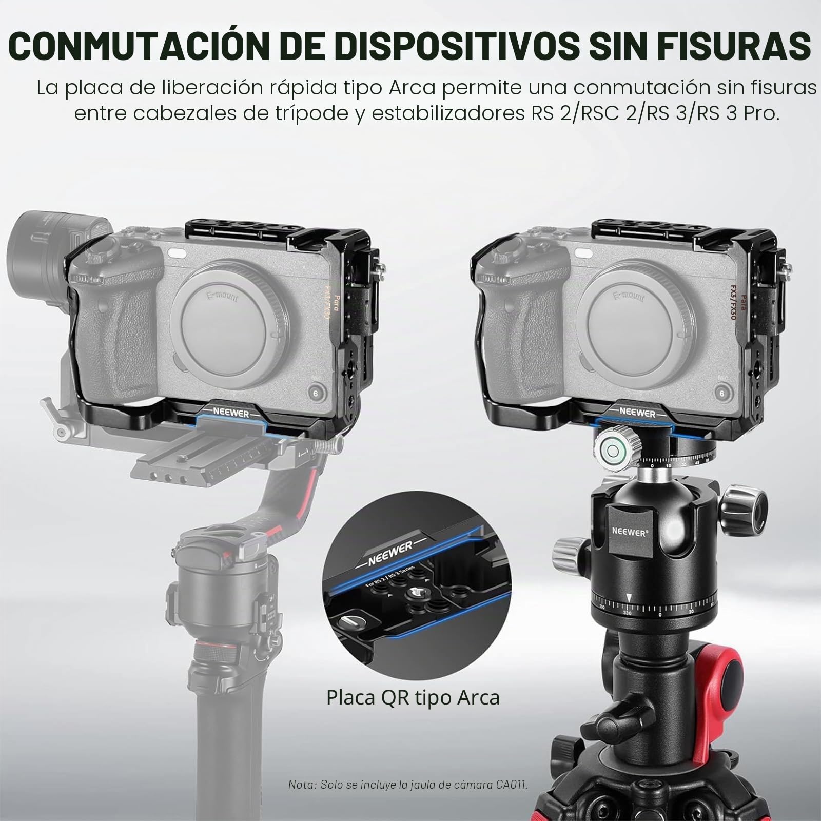 NEEWER FX3/FX30 Jaula con HDMI Cable Clamp, Riel NATO, Agujeros de Posicionamiento ARRI de 3/8", 1/4" Roscas, Compatible con Sony FX30 FX3 Original XLR Handle,Compatible con DJI RS3 RS2 Gimbal, CA011