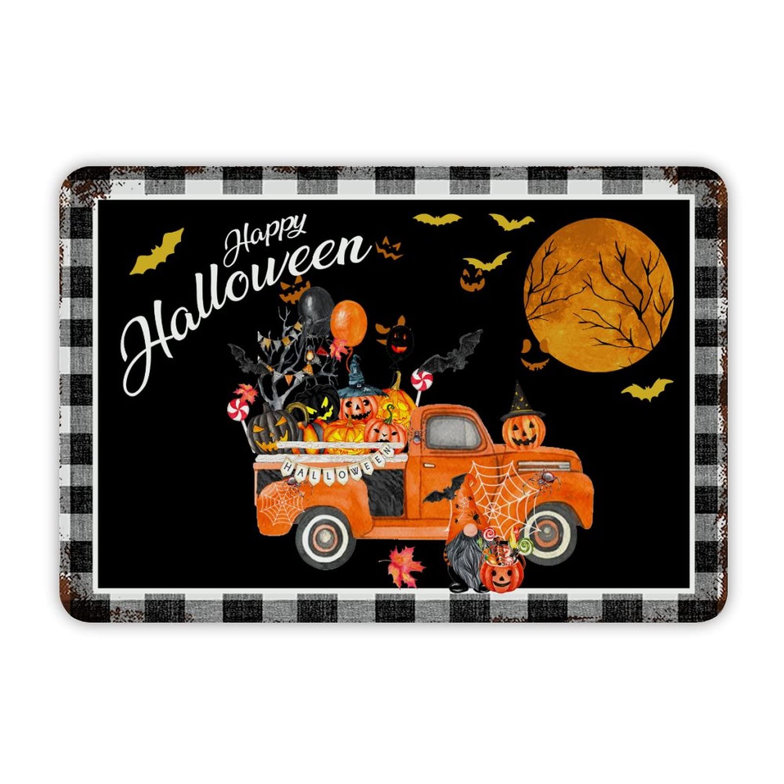ENEDNATE Farmhouse Rustic Aluminum Sign Happy Halloween Gnome Pumpkins Metal Sign Retro Aluminum Tin Sign for Kitchen Bedroom Living Room Wall Art Door Hanger Home Decor Sign 8x12 Inch