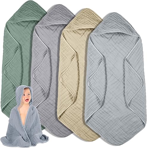 Vista 16 de Peryiter 6 piezas de toallas de muselina con capucha para bebé, toalla de baño de 81x81 cm de algodón para recién nacidos, mantas de bebé de Azul