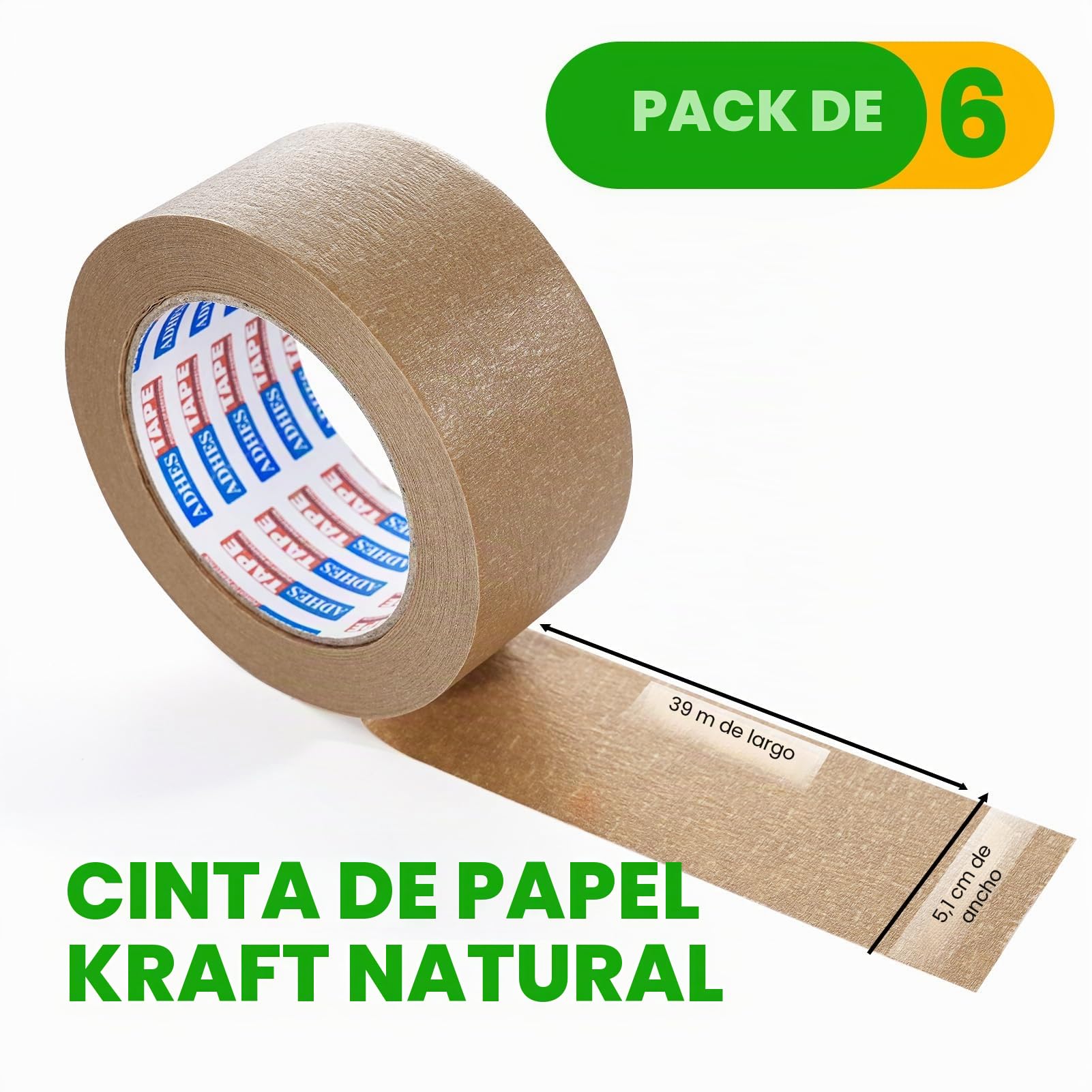 ADHES Cinta de embalaje de papel kraft Cinta adhesiva para paquetes y cajas reciclable ecológico marrón 50mm x 40m
