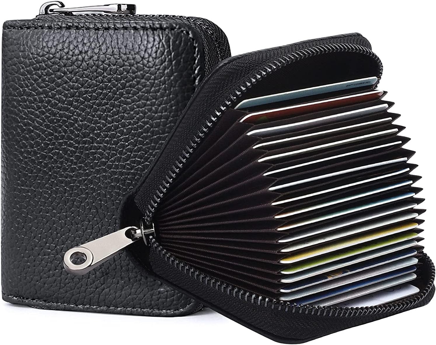 Credit Card Holder Wallet, Black Card Cases, RFID 20 Card Slots Credit Card Holder Genuine Leather Small Card Case, Accordion Wallet with Zipper for Women or Men, Wallets Card Cases Money Organizers