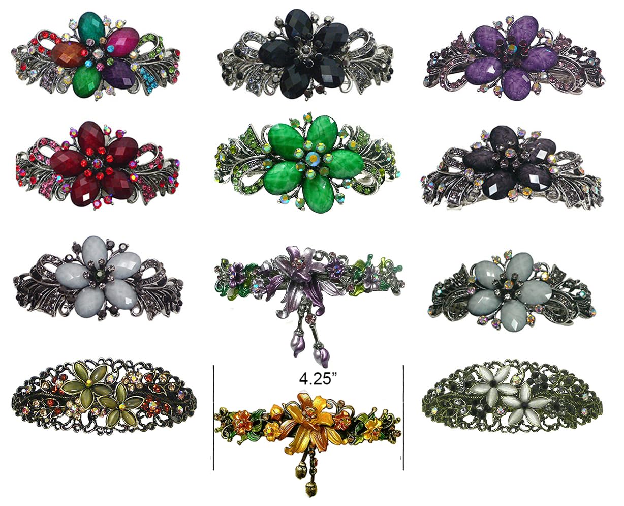 Dozen Pack jcgy Large Barrettes Sparkly Crystals Thick Hair Hairclips 1 Ea of 12 Colors 0052-D