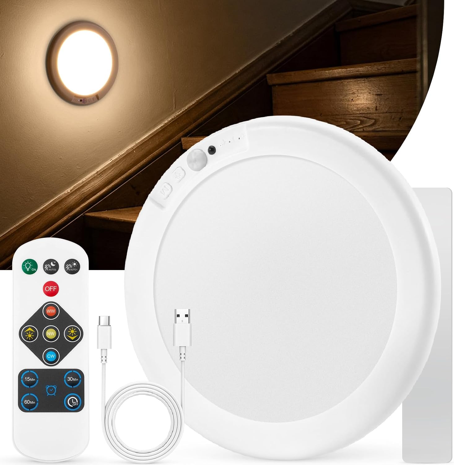 Combuh Rechargeable Motion Sensor Closet Light Cordless Ceiling Lights Battery Operated Shower Light for Shed Pantry 3 Colors Brightness Dimmer