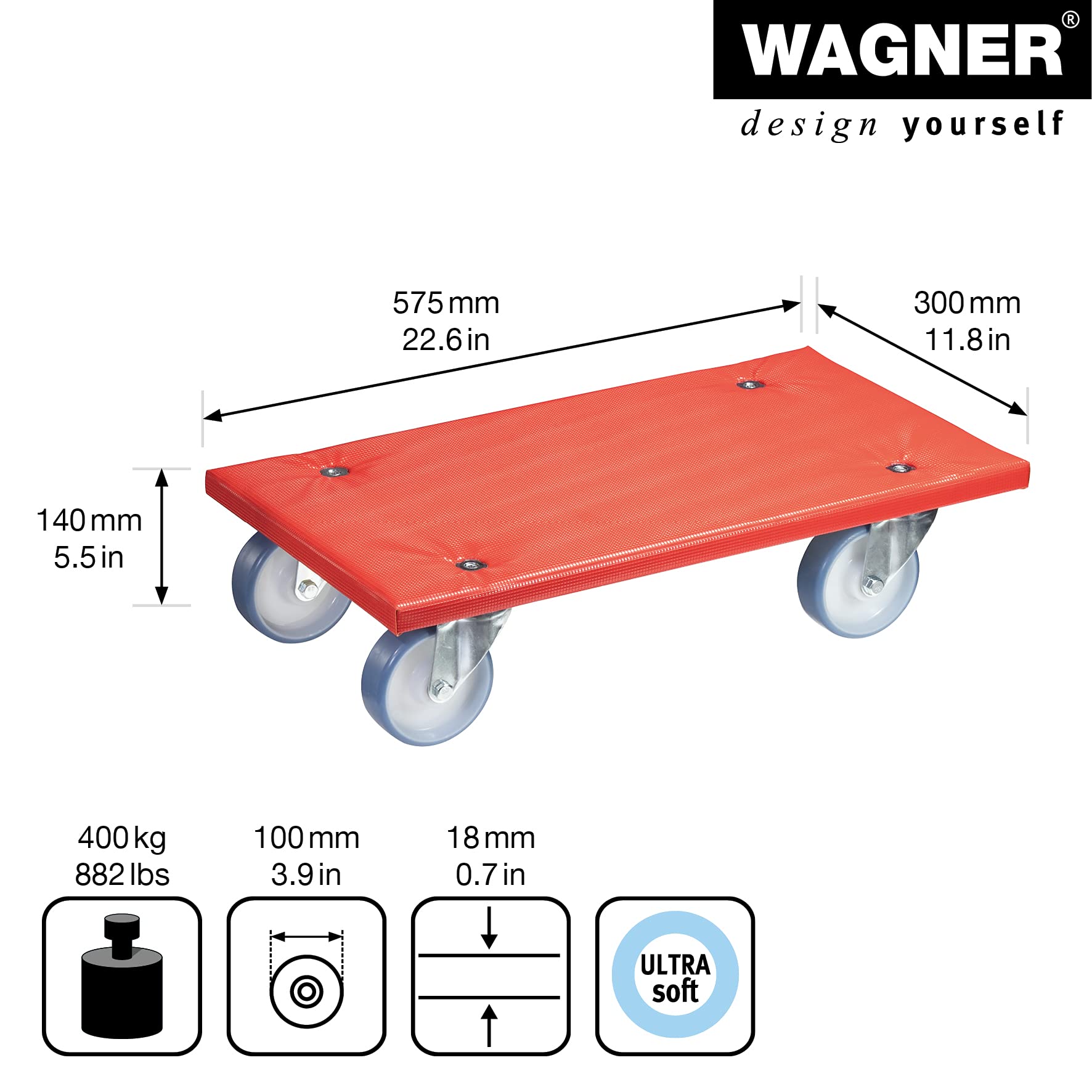 WAGNER Transportroller Transporthilfe 1396 I Multiplex I 57,5 x 30 x 14 cm, Tragkraft 400 kg I Schonbezug gepolstert I Schwerlastrollbrett wasserabweisend I Möbelroller für Umzüge I FSC® I Made in DE