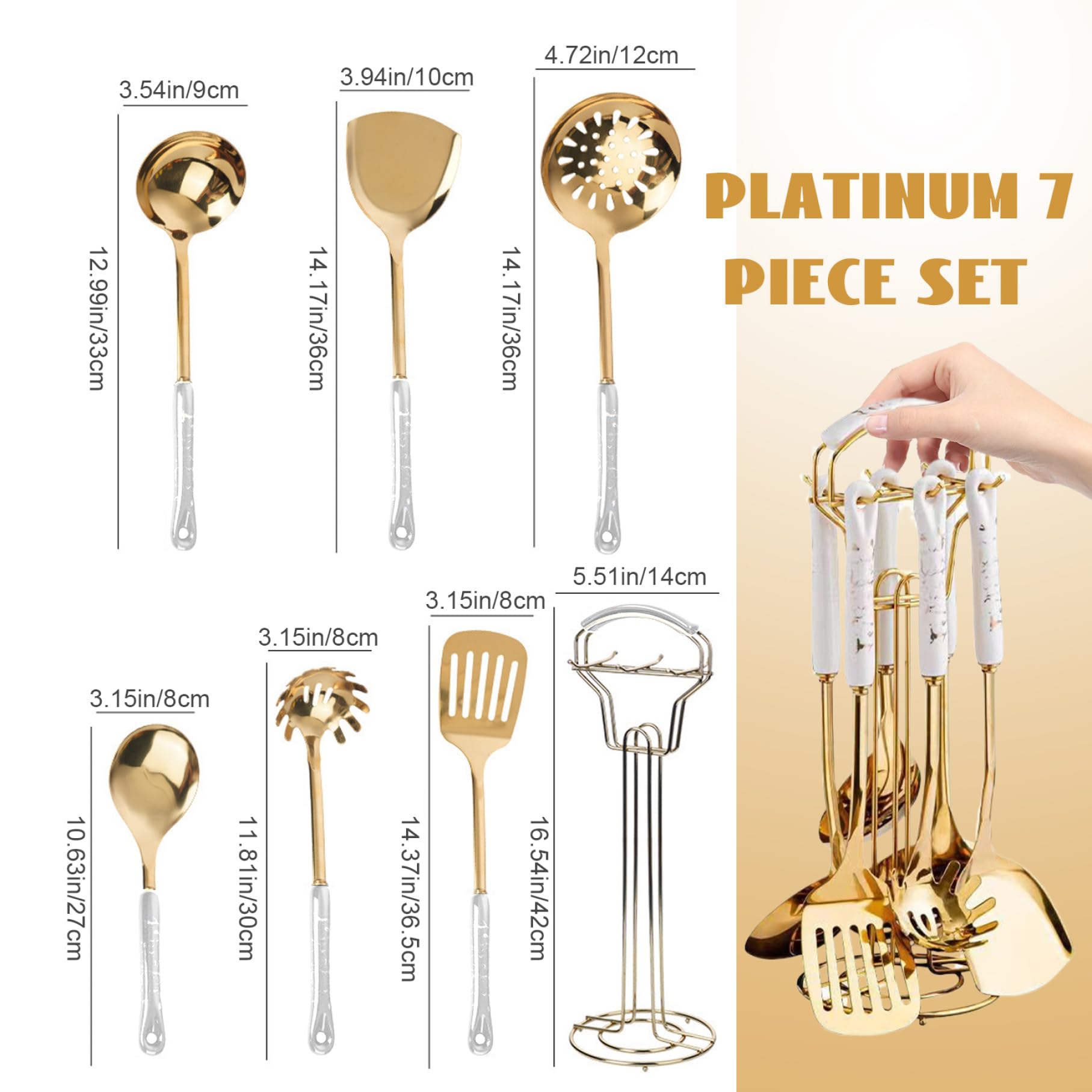 7 pièces/ensemble d'ustensiles de cuisine en acier inoxydable doré avec support, lavable au lave-vaisselle, Kit d'ustensiles de cuisine en métal suspendu comprenant une spatule, une louche, c.