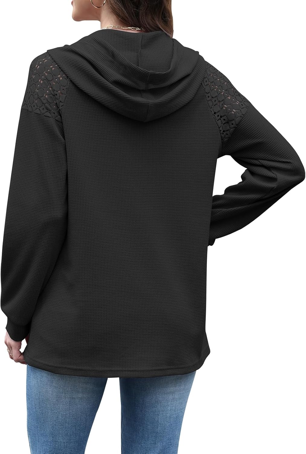 Womens Hoodies Waffle Knit Sweatshirts Lace Long Sleeve Pullover Casual Button Blouses Winter Fall Clothes - Image 5