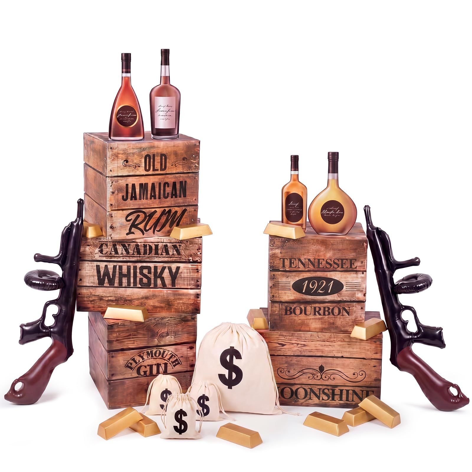 Photo 1 of Tisancy 25 Pcs Speakeasy Roaring 20s Party Decorations Include 5 Wood Grain Boxes 4 Whiskey Bottle Cardboards 4 Dollar Sacks 10 Fake Gold Bar 2 Inflatable Gun Props for Retro Jazz Twenties 1920 Party