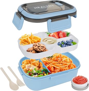 OWill Lunch Box, 1200ML Kids & Adult Bento with Compartment, Handle & Sauce Pot, Leakproof Cutlery, Microwave & Dishwasher Safe, Available in Office & School Blue