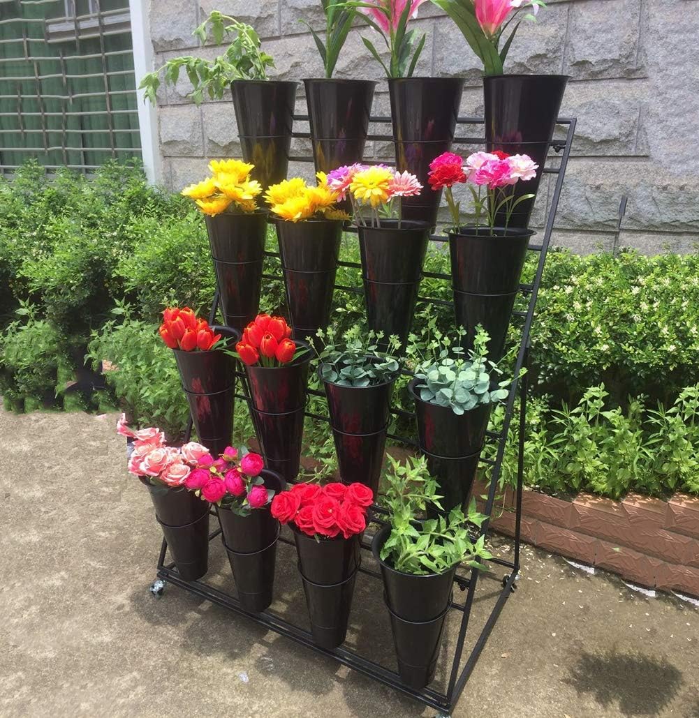 4 Layers Wrought Iron Florist Shelf, Large Plant Stand 16 Flower Bucket Display Stand Apply To Balcony Garden Flower Shop Easy To Install (Black)