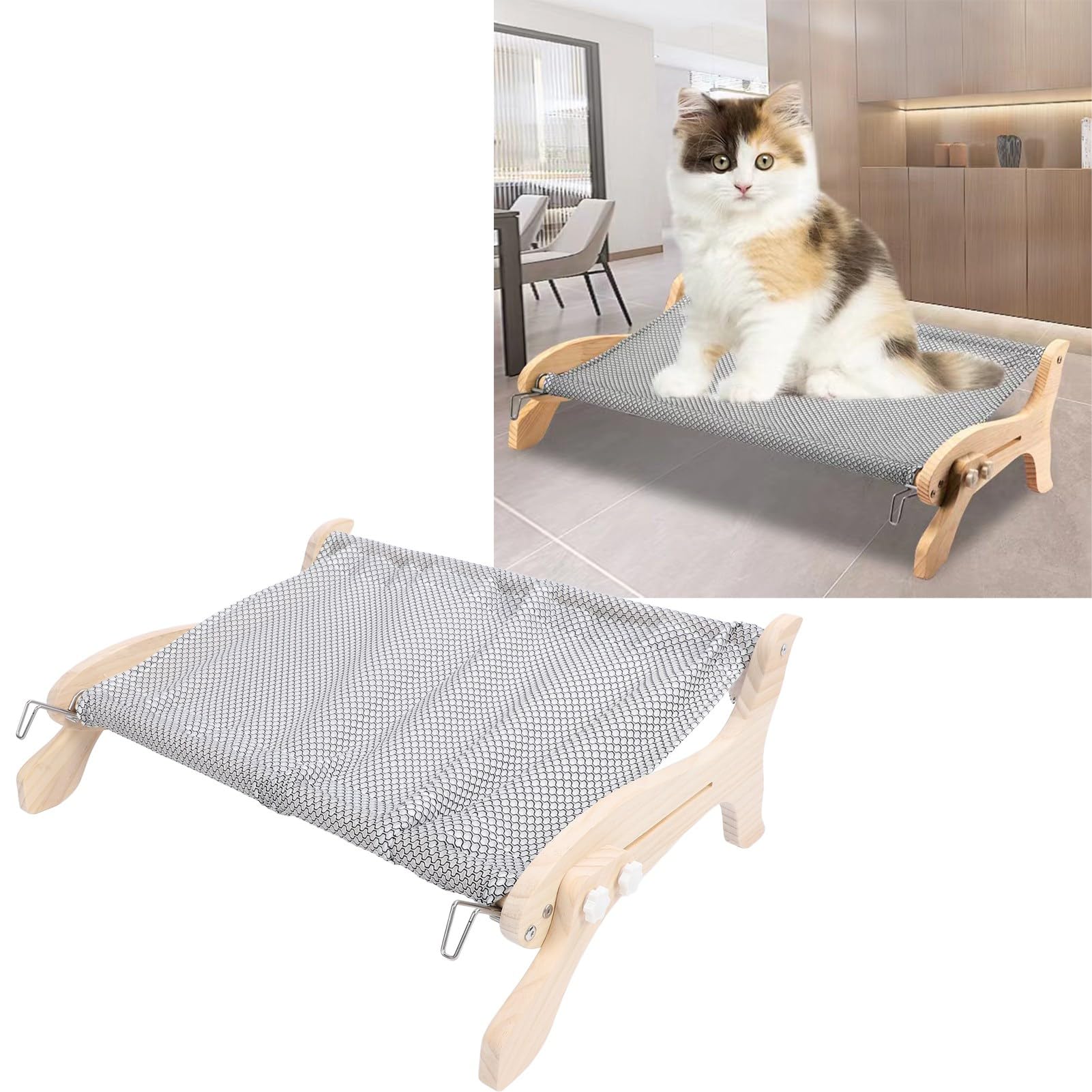 Amaca for Gatti con Struttura in Legno e Metallo for Gatti da Interno, Facile da Regolare, Amaca for Gatti di Grandi Dimensioni e Gattini, for davanzali, comodini, cassetti e armadietti