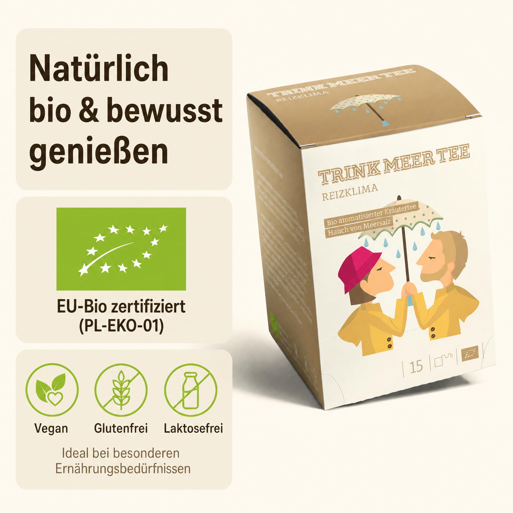 6 x TRINK MEER TEE REIZKLIMA Premium Kräutertee, mit Meersalz und Ingwer, vegan, glutenfrei, laktosefrei, handgenähte Kissenteebeutel, maritimes Design