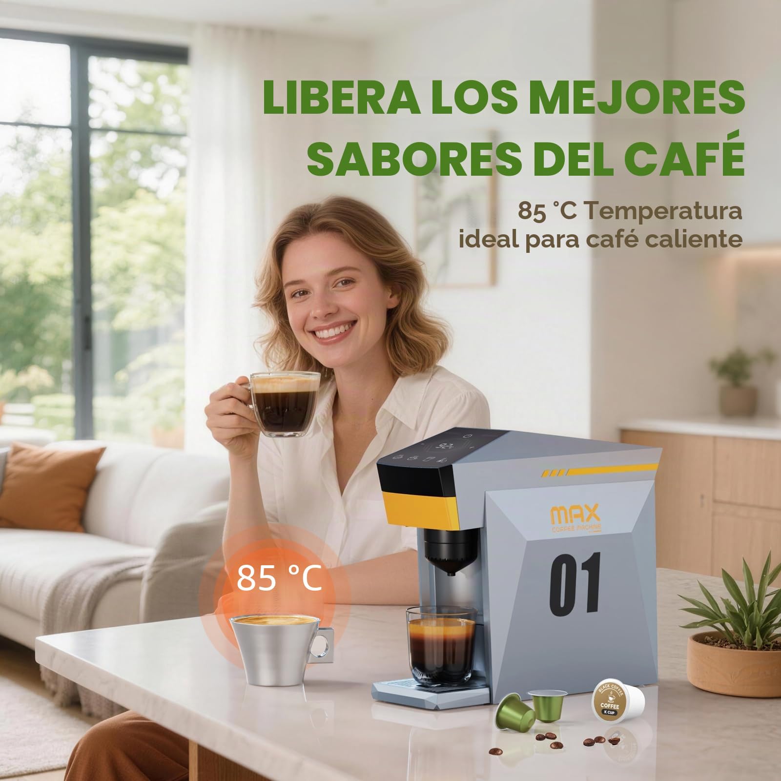Cafetera 4 en 1, cafetera espresso 19 bares para cápsulas KCup/Nes presso OriginalLine/Dolce Gusto/Café molido, gris nublado