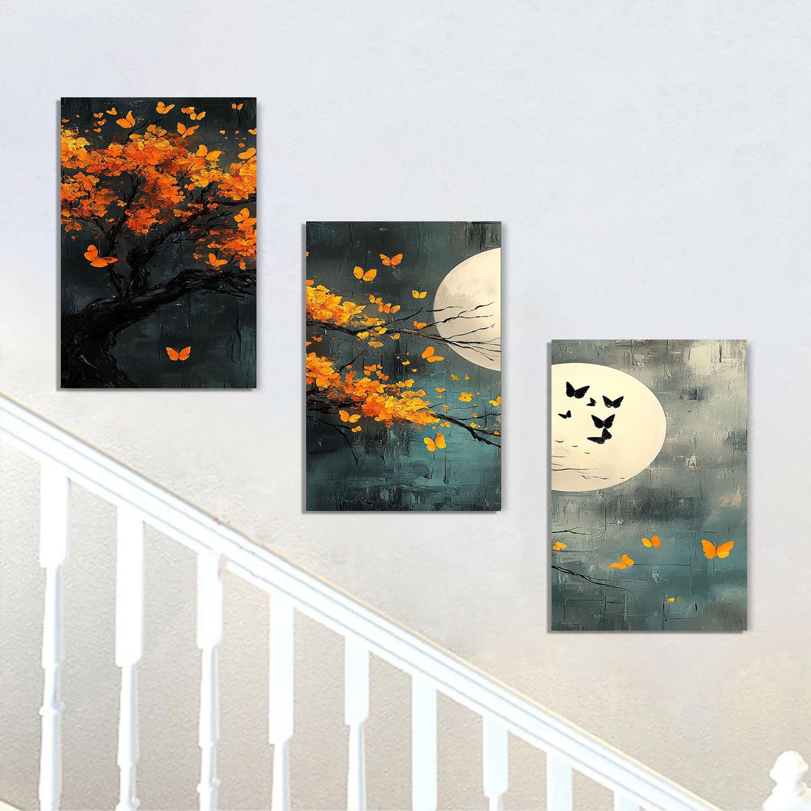 WQBQKKX Set de 3 Arbol De La Vida Cuadro Moderno en Lienzo Árbol Flores de luna llena Cuadros Pintura Carteles E Impresiones, Arte De Pared De Porche（Red 108-60x80cmx3 Enmarcado